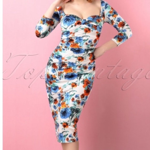 🆕 Bettie page Tatyana floral ruched stretchy vintage inspired retro pinup dress - Picture 2 of 16